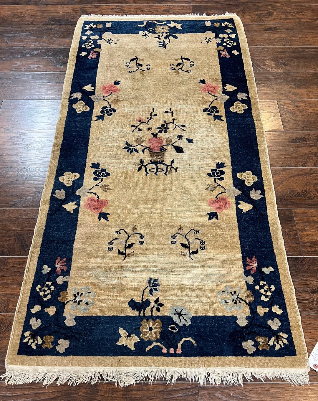 Chinese Rags Antique Chinese Peking Rug 3x6, Beige and Dark Blue Hand Knotted ...