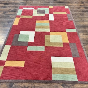 Indo Tibetan Modern Rug 5x8, Abstract Rug 5 x 8 ft, Red Multicolor Wool Handmade Contemporary Area Rug