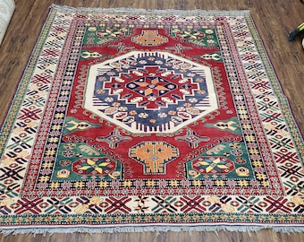 Vintage Turkish Kazak Area Rug, 6ft Square Rug, 6x6 Square Oriental Carpet, Hand-Knotted, Wool, Bold Colors, Red Blue Green, Geometric Rug