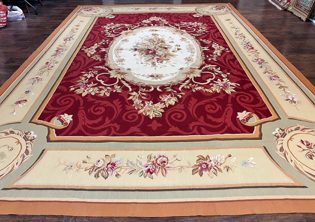 Large Aubusson Rug 10x14, Wool Handmade Vintage Carpet, Dark Red Ivory