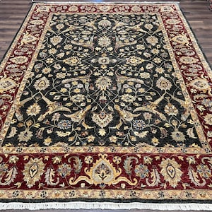 Pak Persian Mahal Rug 9x12, Allover Floral Pakistani Oriental Carpet 9 x 12, Wool Hand Knotted Area Rug, Dark Slate Gray-Black and Maroon