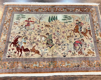 Silk Persian Rug 3x5, Super Fine 650 KPSI, Hunting Pattern, Handmade Vintage Carpet, Signed by Master Weaver, Horsemen Pictorials