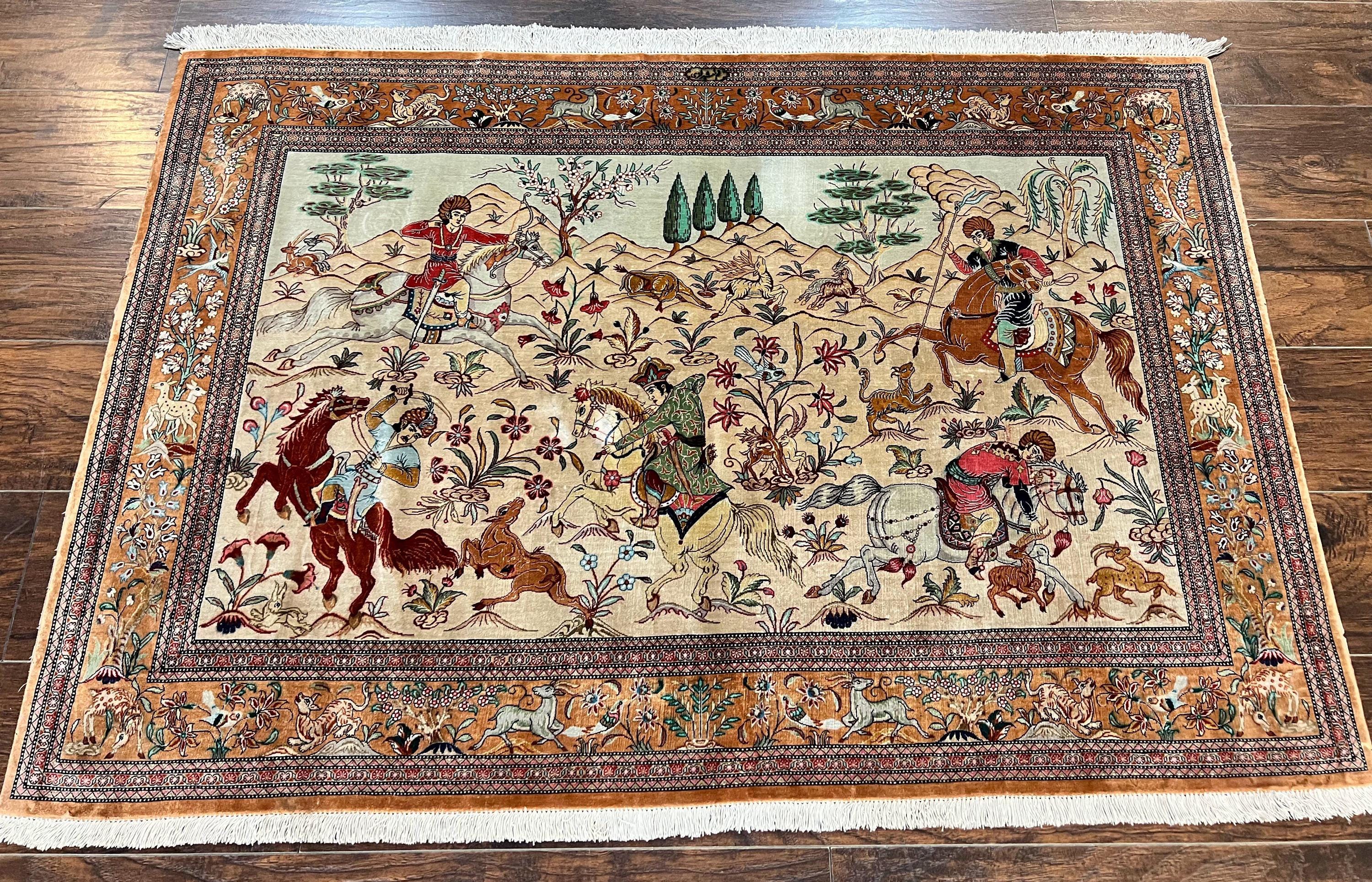 Silk Persian Rug 3x5, Super Fine 650 KPSI, Hunting Pattern