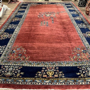 Large Persian Rug 10x17, Open Field, Red and Navy Blue, Palace Sized Oversized Hand Knotted Wool Oriental Carpet Flowers Vases Antique 1920s image 1