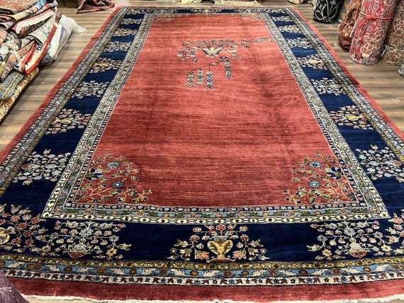 Large Persian Rug 10x17, Open Field, Red and Navy Blue, Palace