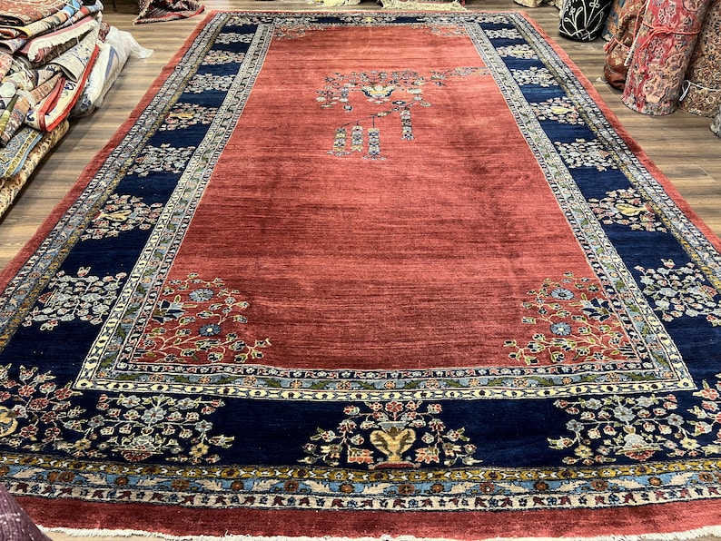 Large Persian Rug 10x17, Open Field, Red and Navy Blue, Palace Sized Oversized Hand Knotted Wool Oriental Carpet Flowers Vases Antique 1920s image 1