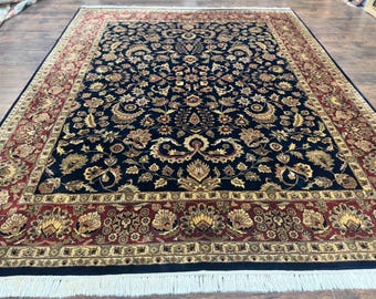 Indo Persian Rug 8x10, Navy Blue and Red, Floral Allover, Hand Knotted Vintage Wool Carpet, Indo Sarouk