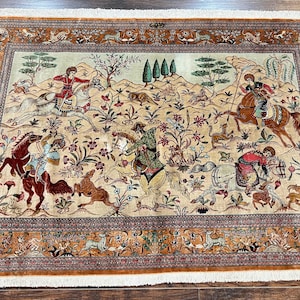 Silk Persian Rug 3x5, Super Fine 650 KPSI, Hunting Pattern, Handmade Vintage Carpet, Signed by Master Weaver, Horsemen Pictorials