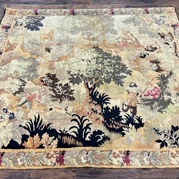 Antique French Tapestry 6x5 ft, European Handmade Wool Aubusson Weave Vintage Tapestry