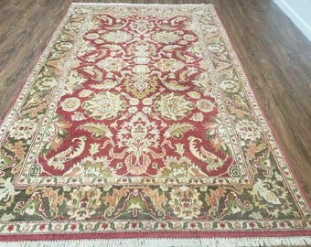 Indo Persian Rug 6x9, Hand Knotted Vintage Indian Sultanabad Agra Wool Rug, Handmade Oriental Carpet 6 x 9, Red Large Floral Design
