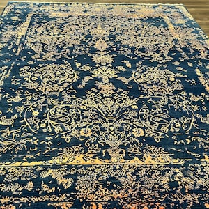 Area Rug 8x10 High Quality Handmade Oriental Carpet, Modern Contemporary Rug, Rug for Living Room, Wool Rug, Blue and Gold, Pakistani Rug