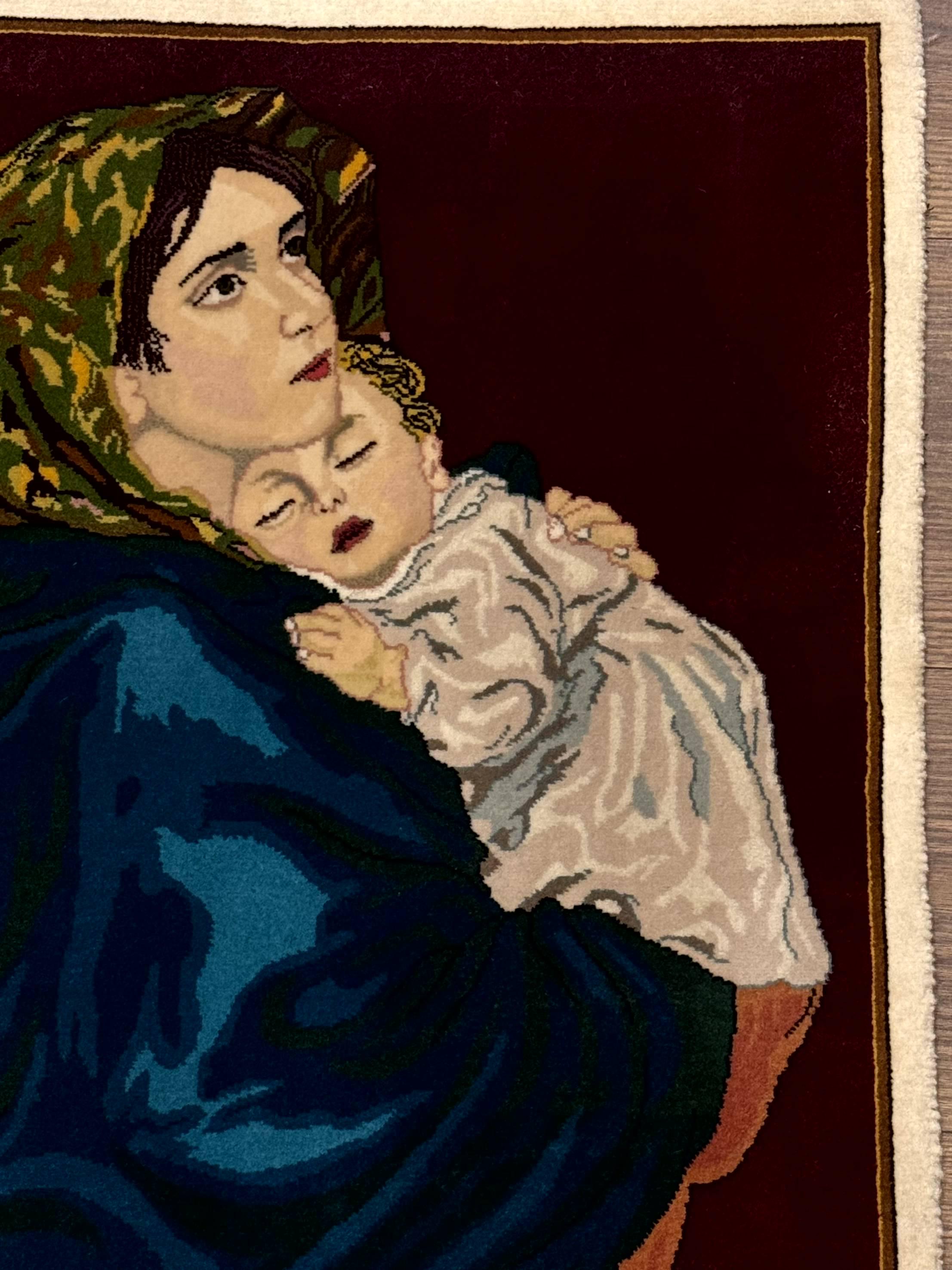 絵絹用ベンベルグ　日本画用に約40cmx50m 小さなペルシャ絵画絨毯 2x2、子供を抱く母親、非常に上質な340 KPSI