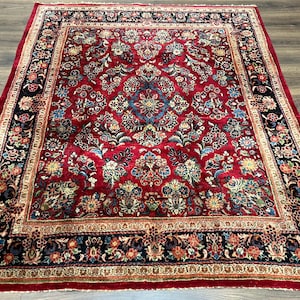 Rare Persian Almost Square Rug 6.3 x 5.3, Hand Knotted Wool Antique 1920s Oriental Carpet, Red Navy Blue Beige, Floral Allover, 5x6 Area Rug