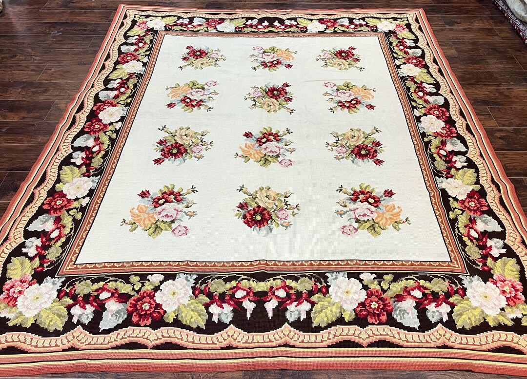 8x9 Rug Portuguese Needlepoint Rug 8x9, Vintage Rug 8 X 9 Ft, Ivory Dark Brown ...