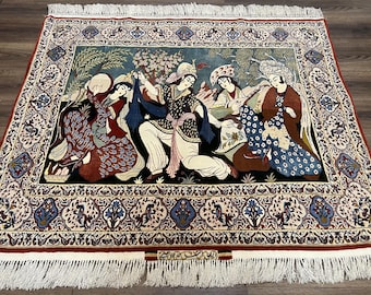 Persian Pictorial Rug 5 x 4 ft, Kork Wool on Silk Foundation, Signature from Master Weaver, Drums and Musical Instruments, Birds, Detailed