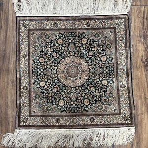 Sino Persian Silk Rug 2x2 ft, Very Fine High KPSI Small Silk Oriental Carpet, Hand-Knotted, Medallion, Vintage Silk Rug, Black Ivory/Cream