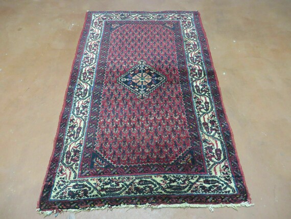 2.5 x 4 Vintage Rug, 2.5x4 Paisley Rug, Small Hand-Knotted Indian Rug, Amritsar Wool Rug, Red Boho Rug, Handmade Antique Rug Nice Tribal Rug