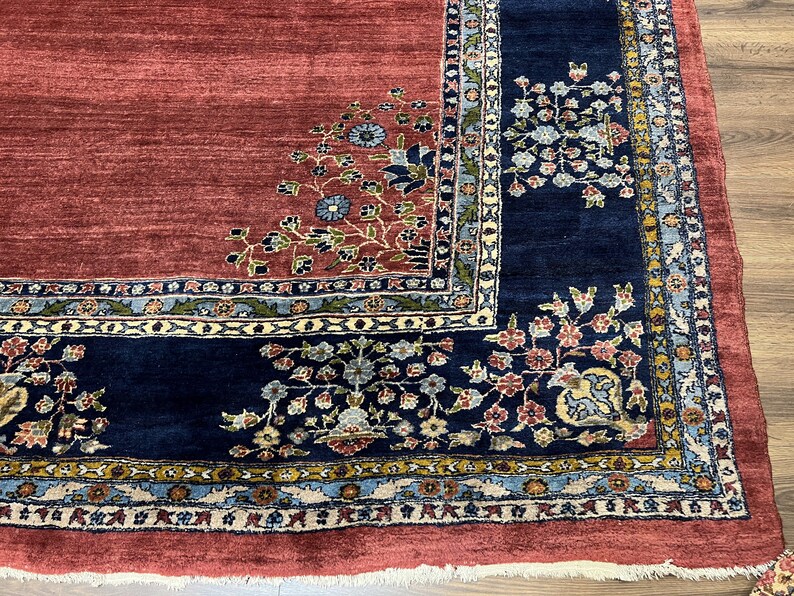Large Persian Rug 10x17, Open Field, Red and Navy Blue, Palace Sized Oversized Hand Knotted Wool Oriental Carpet Flowers Vases Antique 1920s image 9