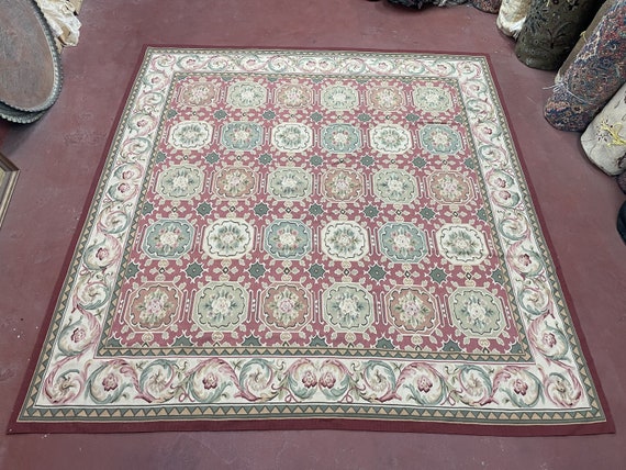 9x9 Square Rug Hand Knotted Needlepoint Aubusson Carpet Blush