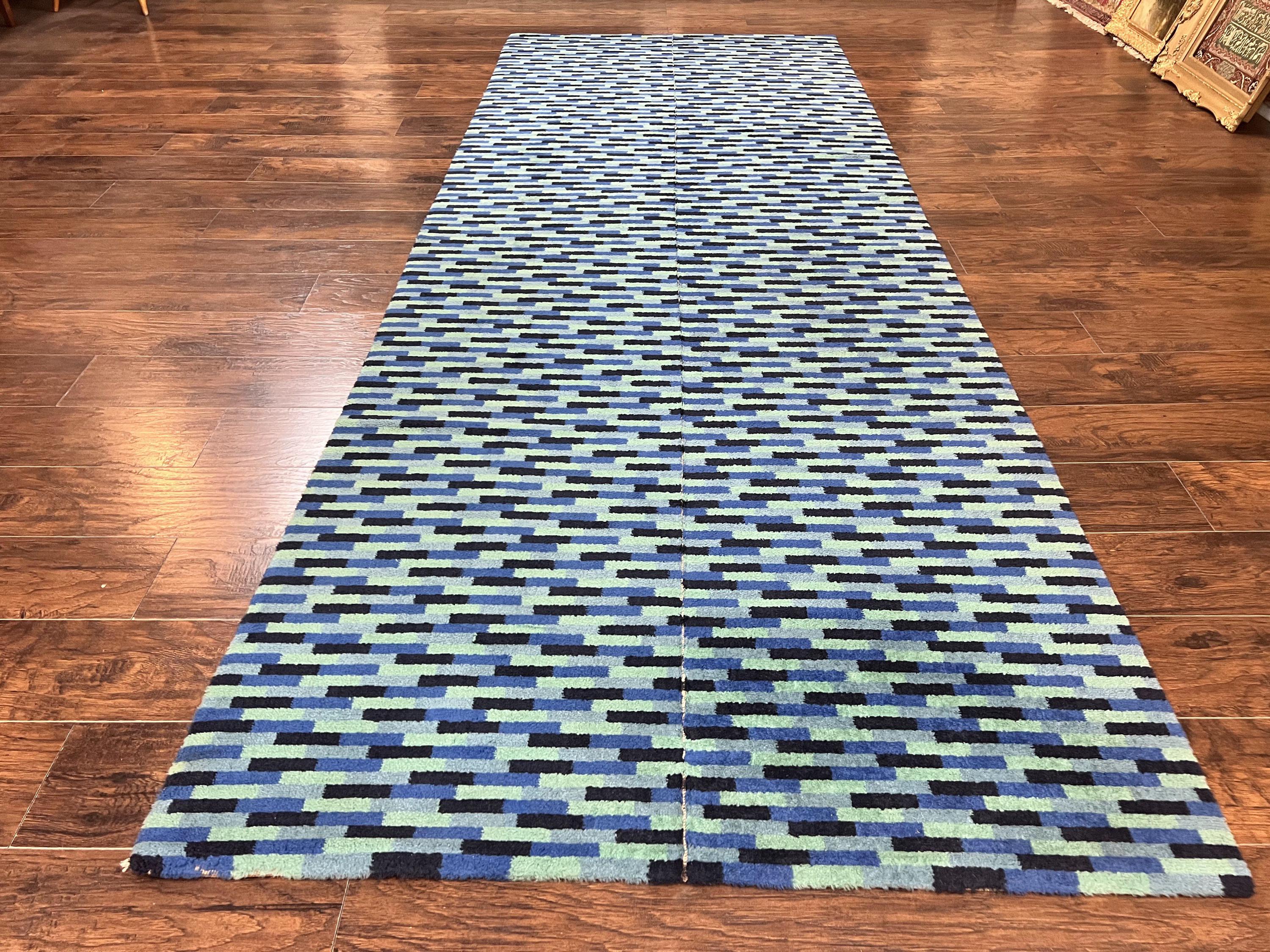 手織りウールラグ 140×200cm ブルー　モリヨシ ワイドランナーラグ 4.7 x 12、ブルーマルチカラーコンテンポラリー
