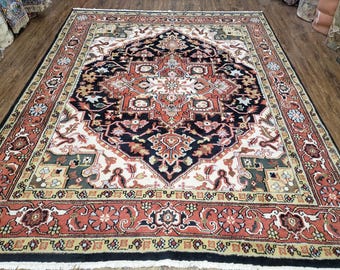 Vintage Indo Heriz Area Rug 8x10, Indo Persian Carpet 8 x 10, Red Dark Blue & Beige/Cream Indian Rug, Decorative Pattern, Wool, Hand-Knotted