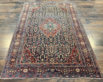 Persian Rug 4x7 Antique Sarouk Farahan Carpet, Navy Blue and Red Wool Rug