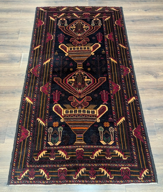 Afghan Baluch Rug 4x7, Persian Vase Design, Handmade, Wool, New - Etsy