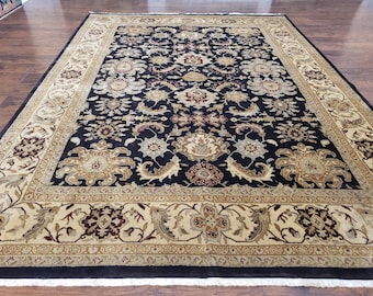 Indo Mahal Rug 8x12, Indian Sultanabad Handmade Area Rug, Vintage Hand-Knotted Wool Black Floral Traditional Oriental Dinning Room Rug