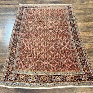 Antique Persian Bidjar Rug 5x7, Repeated Allover Herati Pattern, Red, Handmade Wool Carpet