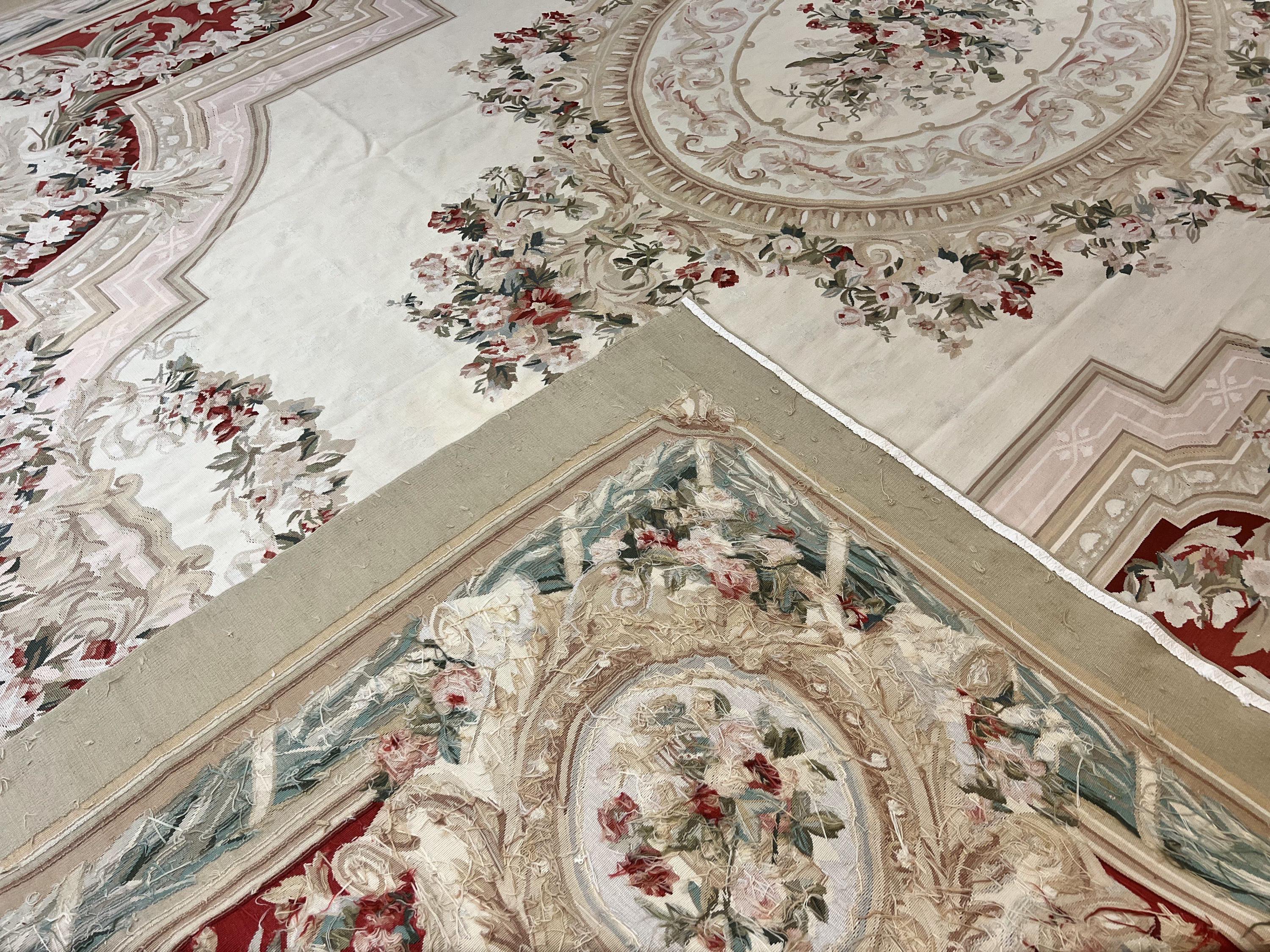 Large Aubusson Rug 11x17, Wool Handmade Vintage Carpet, Ivory