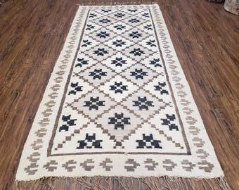 Semi Antique South American Blanket 4x8, Wool Hand-Woven Flatweave Kilim Rug, Handmade Antique Vintage Runner, Ivory, Diamond Panel