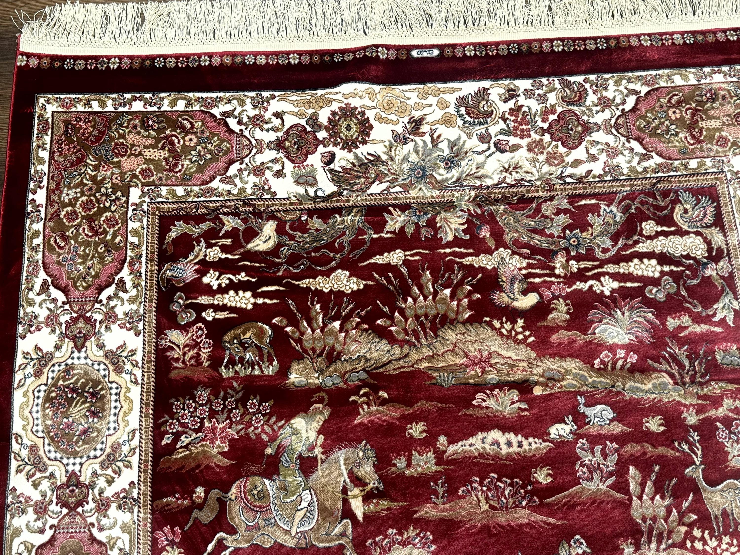 Turkish Silk Hunting Design Rug 4x6, Dark Red & Ivory, Bamboo Silk, New ...