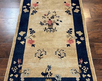 Antique Chinese Peking Rug 3x6, Beige and Dark Blue Hand Knotted Handmade Asian Oriental Carpet, Floral Vases, Vintage Wool Art Deco Rug