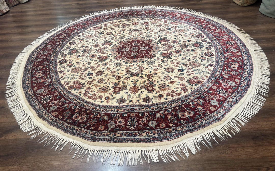 Runder Sino Perserteppich 200x250, Wolle und Seide, Blumenmedaillon, Elfenbein Dunkelrot