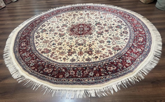 Runder Sino Perserteppich 200x250, Wolle und Seide, Blumenmedaillon, Elfenbein Dunkelrot