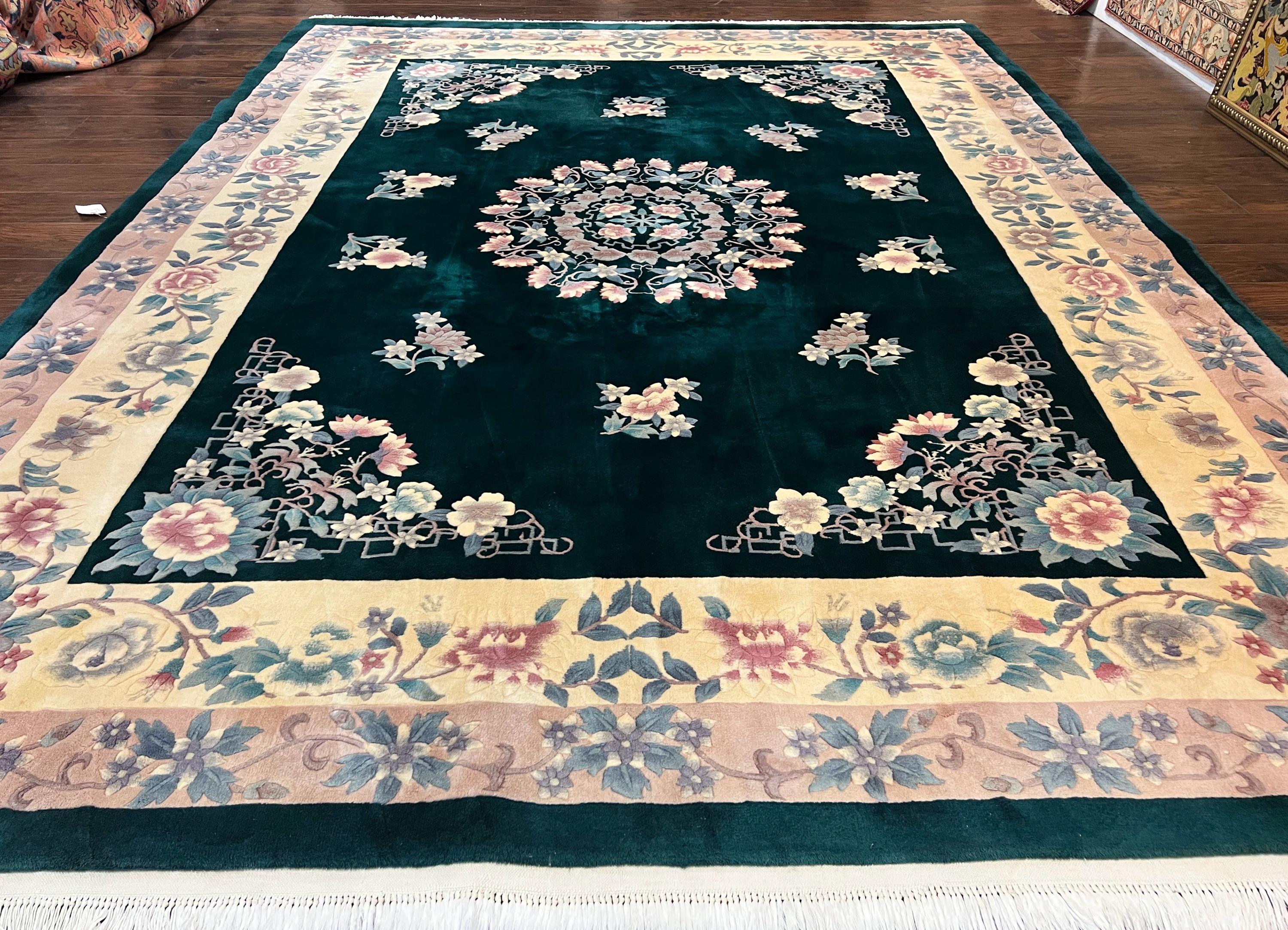 Chinese Art Deco Rug 9x12, Wool Hand Knotted Vintage Carpet, Dark