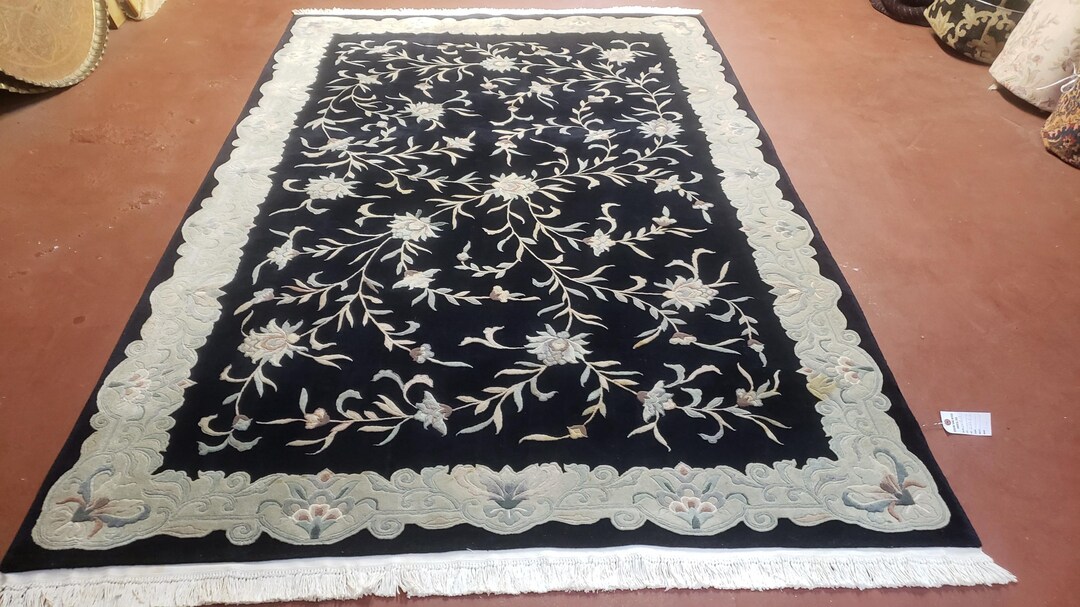 6x9 Vintage Black Gray Chinese Rug 120 Lines Wool Carpet Floral Design ...