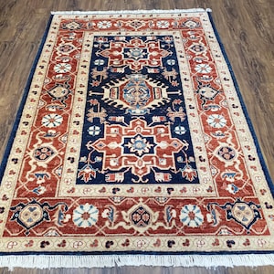 Vintage Turkish Area Rug 4x6, Wool Hand-Knotted, Red & Dark Blue Turkish Persian Pattern Oriental Carpet, 4 x 6 Decorative 1960s Foyer Rug