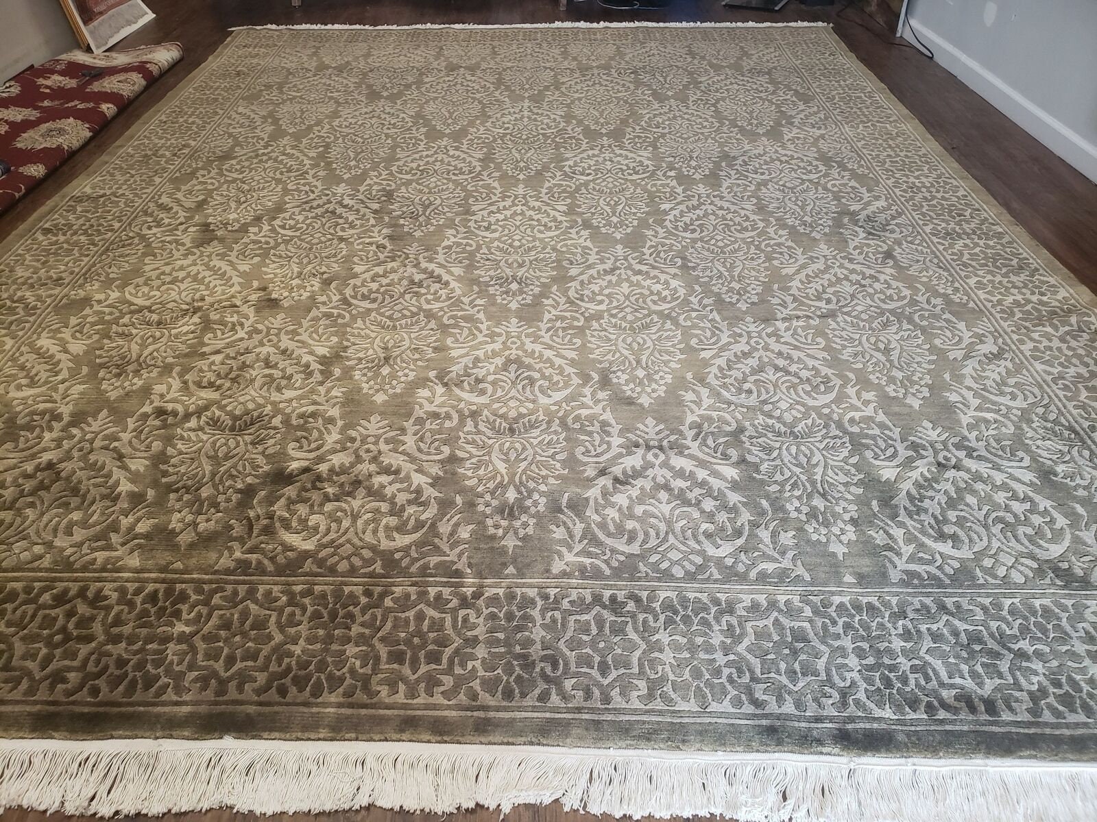 9' 6 X 12' Moderne Fait à La Main Tibétain Népal Laine Tapis Art Déco Olive Tan Nice