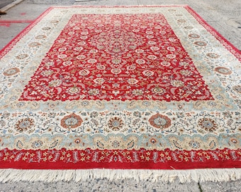Signed Persian Rug 10x13 Oriental Carpet 10 x 13 Wool Rug, Allover Floral Medallion, Red Ivory Light Blue, Hand Knotted, Large Persian Rug