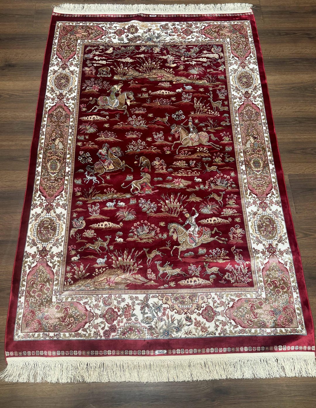 Turkish Silk Hunting Design Rug 4x6, Dark Red & Ivory, Bamboo Silk, New ...