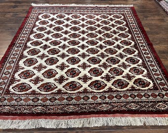 Persian Turkoman Rug 7x8, Almost Square Rare, Hand Knotted, Yamud, Bohemian Rug, Handmade Tribal Rug, Cream Red, Handmade Oriental Carpet
