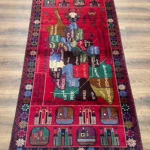 Afghaans vloerkleed 3 x 7, kaart van Afghanistan, oorlogsdeken, tribal vloerkleed, balouchkleed, nieuw, rood