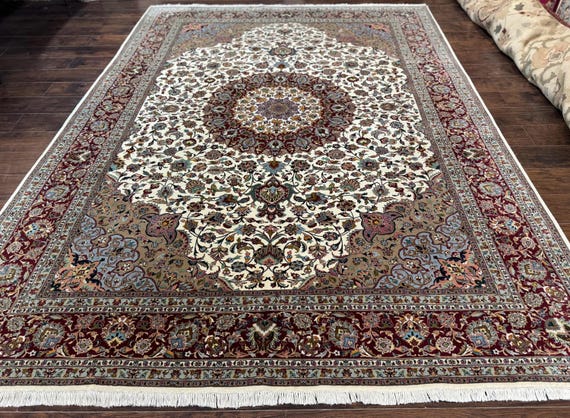 Persischer Teppich 200x300, Traditioneller Teppich mit Blumenmedaillon, Fein 360 KPSI, Elfenbein-Kastanienbraun