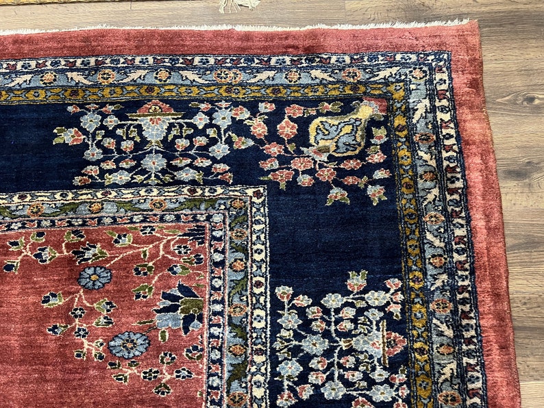 Large Persian Rug 10x17, Open Field, Red and Navy Blue, Palace Sized Oversized Hand Knotted Wool Oriental Carpet Flowers Vases Antique 1920s image 7