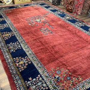 Large Persian Rug 10x17, Open Field, Red and Navy Blue, Palace Sized Oversized Hand Knotted Wool Oriental Carpet Flowers Vases Antique 1920s image 2