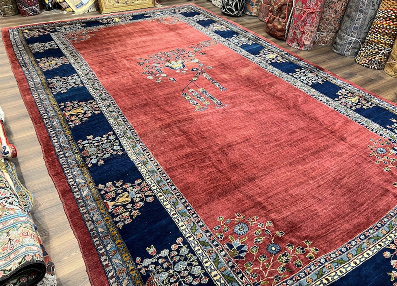 Large Persian Rug 10x17, Open Field, Red and Navy Blue, Palace Sized Oversized Hand Knotted Wool Oriental Carpet Flowers Vases Antique 1920s image 2