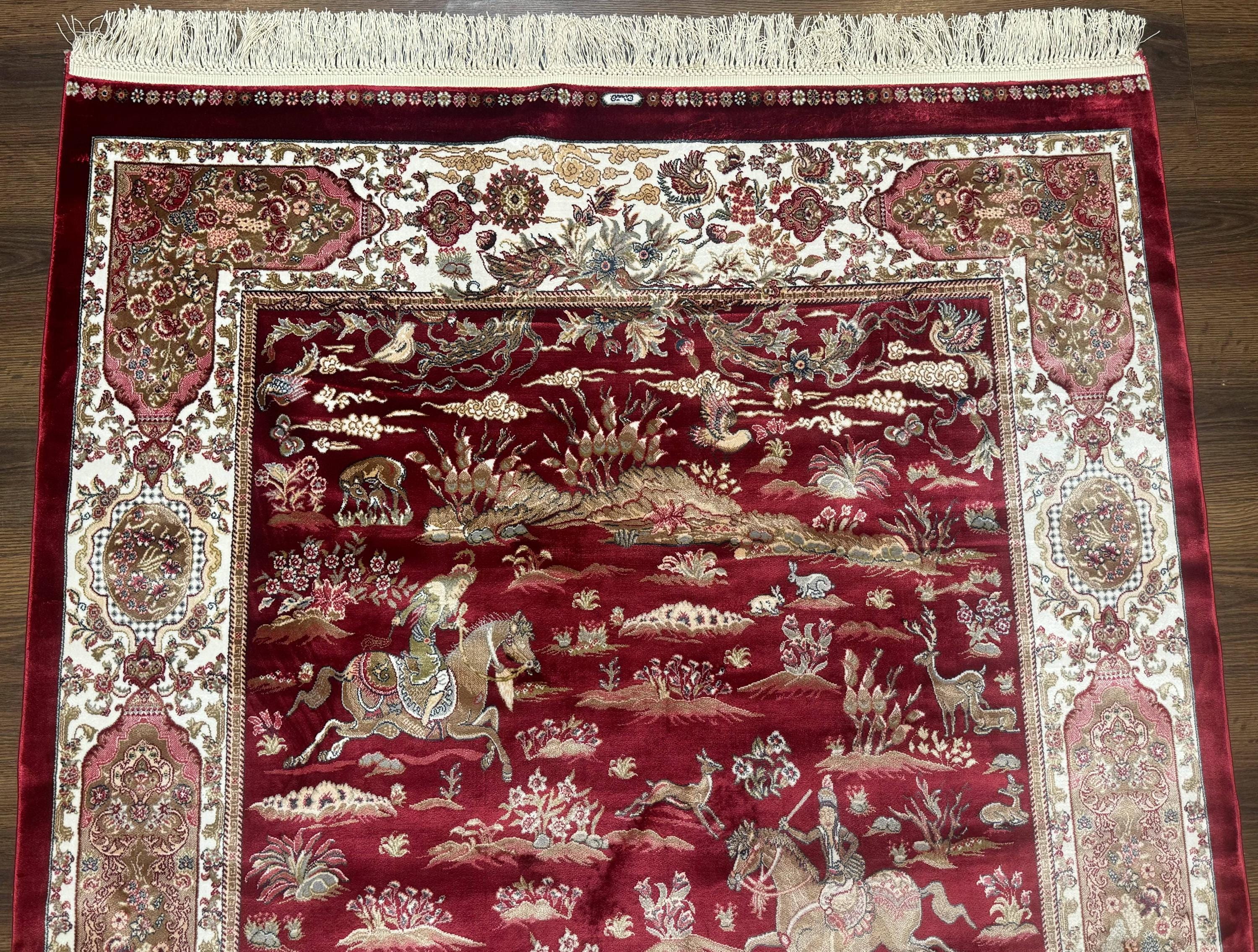 Turkish Silk Hunting Design Rug 4x6, Dark Red & Ivory, Bamboo Silk, New ...