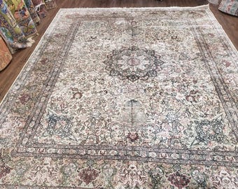 Vintage Indian Room Sized Silk Rug 8x10, Indo Kashmiri Carpet, Hand-Knotted Persian Oriental Carpet, Floral Medallion Allover Pattern, Ivory
