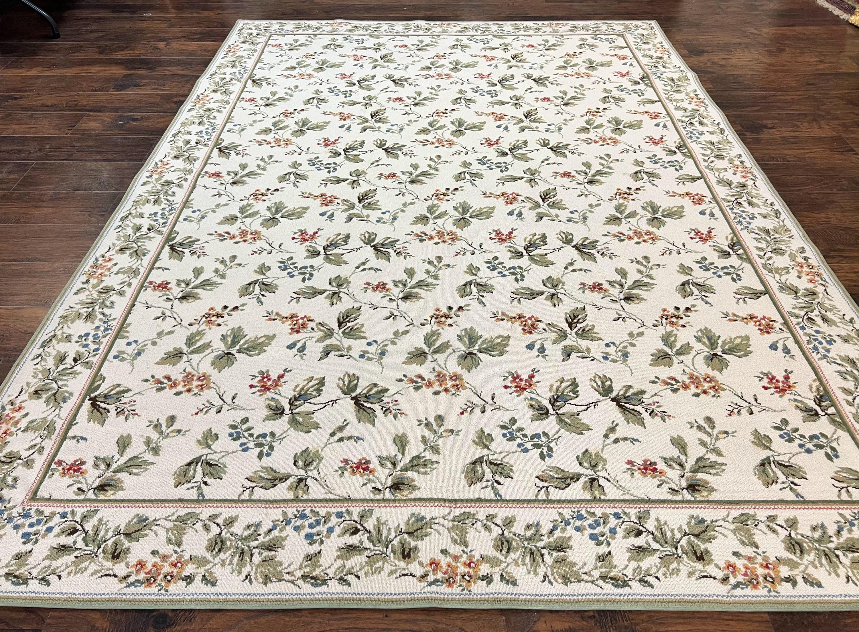 Vintage Stark Carpet 7x10, Ivory and Green, European Aubusson